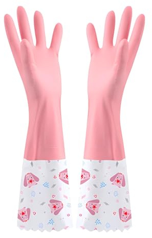 JYJLLM Premium Wide Cuff Household Glove - Long 42cm Waterproof Rubber Cleaning Glove with Cotton Lining for Washing Dishes, Kitchen, Bathroom & Gardening (Pink)