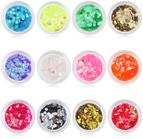 Farben Mini Glitzerpulver Set,Feiner Glitzer in 12 leuchtenden Farben,Bastelglitzer für Party und Kunstunterricht, Chunky Glitzer Pulver Glitzerpuder Zum Basteln für Make-up, Karten, Party, DIY
