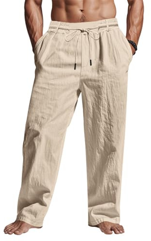 TRFIC ‌Men's Linen Pants Lightweight Drawstring Elastic Waist Pockets Loose Fit Straight Legs Summer Beach Yoga Khaki