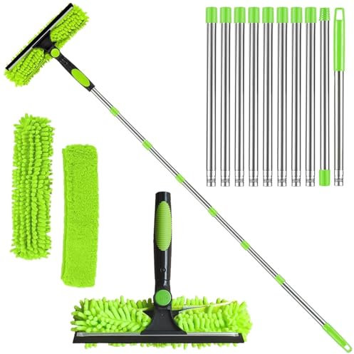 Raclette de fenêtre de 4,5 m, outils de nettoyage pour vitres avec long manche, avec 10 poteaux, 2 brosses en microfibre et raclette, kit de nettoyage pour intérieur/extérieur, fenêtre haute, mur