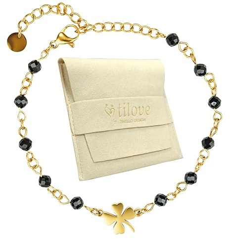 Zinello Design TILOVE - Bracelet Femme en Tourmaline Noire Naturelle – Lithothérapie, Protection Énergétique, Trèfle Porte-Bonheur en Acier Inoxydable – Conçu en France – Idée Cadeau Bien-Être