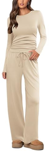 Ekouaer Pigiama Donna Inverno Due Pezzi Aderente Set Fitted Loungewear Pigiama Jogging con Tasche Abbigliamento Sportivo, Marrone Chiaro XL