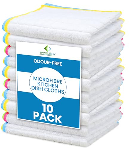 Towelogy® Odour Resistant Dish Cloths for Washing Up 2x Longer Lasting Microfibre Kitchen Dishcloths Heavy Duty Hygienic Colour Coded Dish Cloths 10 Pack - Machine Washable