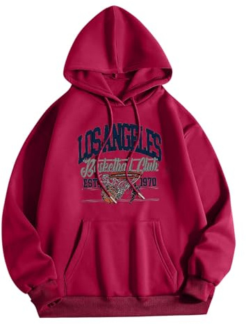 Generisch Maglione da donna con stampa a lettere, scollo rotondo, maglione a maniche lunghe, felpa con cappuccio foderato da donna, Colore: rosso, S