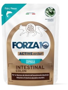 Forza 10 Umido Gatto INTESTINAL COLON, alimento completo dietetico per gatti adulti di tutte le taglie,indicato nell’insufficienza pancreatica esocrina gusto PESCE, for cats | 12 bustine da 80 grammi.