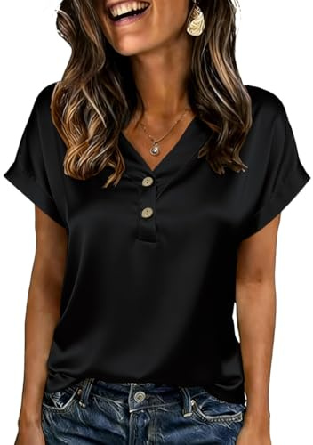 ABINGOO Chemisier Femme en Satin Col V Blouse Manches Courtes Boutonnée Couleur Unie Ample Soirée Élégant Top(Noir,L)