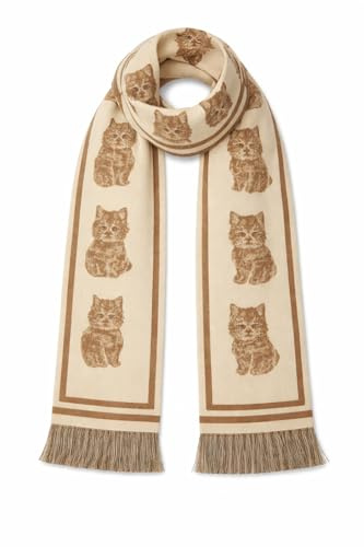 Genérico Bufanda de Invierno con Diseño de Gatos, Azul Marino y Beige, Tejido Suave con Flecos, Estampado Reversible para Mujer, 70x180cm (Beige)