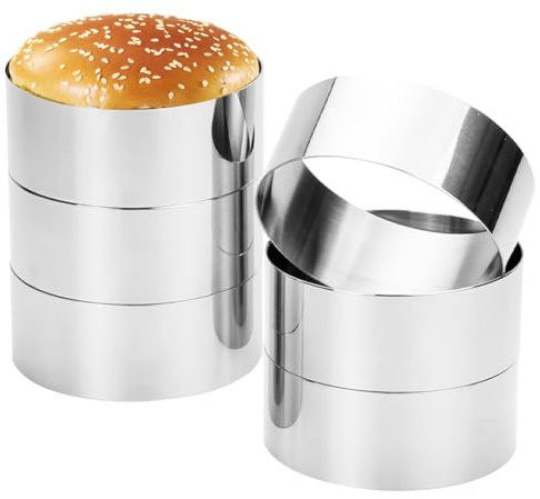 Qnbonrich 6 stycken hamburgerringar i rostfritt stål, 10,2 cm diameter och 4 cm höjd, sömlösa dessertringar livsmedelsringar, bakringar för kakor, mousse, desserter och bakning