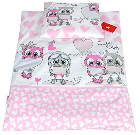 BABYLUX 2 tlg. Set Bezug für Kinderwagen Stubenwagen oder Wiege Garnitur Bettwäsche Kissen Decke 60 x 78 cm (103. Eule Rosa)