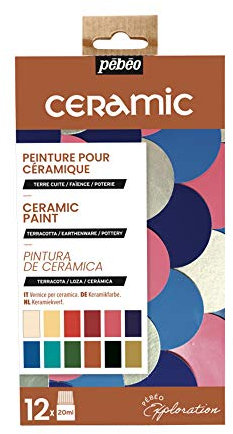 Pébéo - Set Exploration Ceramic - Kit de Peinture Céramique, Idéale Décoration Terre Cuite, Faïence - 12 Flacons de 20 ml, Coloris Assortis