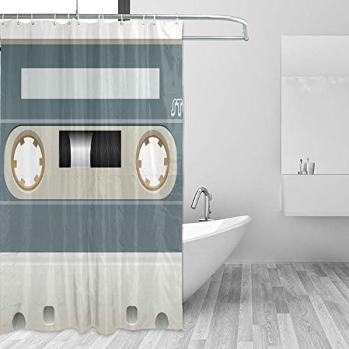 FANTAZIO Tenda da doccia vintage con cassette audio in poliestere con spessi ganci a forma di C per bagno, impermeabile, durevole e super impermeabile, 167,6 x 182,9 cm