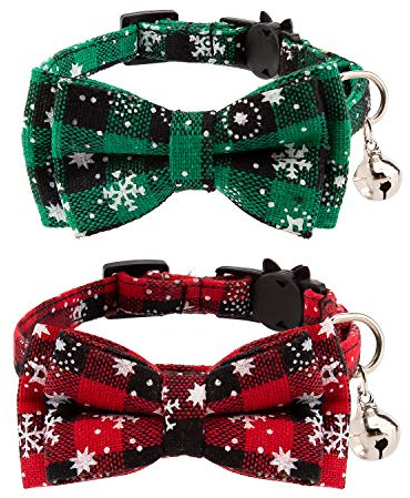 Luter Lot De 2 Colliers De Chat à Carreaux De Noël, Cravates Amovibles pour Chat avec Noeud Et Clochettes, Colliers Réglables pour Chats, Chaton Et Chiots