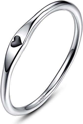 BONLAVIE 925 Sterling Silber einfache Carve Herz Hochzeit Band stapelbar Versprechen Ring für Sie (54.4 (17.3), A-Silber-Schwarz)