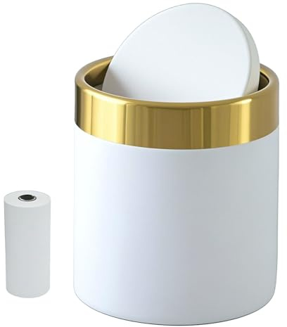 JILLICK Mini Trash Can with Lid, 1.5L / 0.4 Gal Small Metal Countertop Trash Bin with Swing Lid for Desk, Coffee Bar, Vanity, Bathroom, Office, White