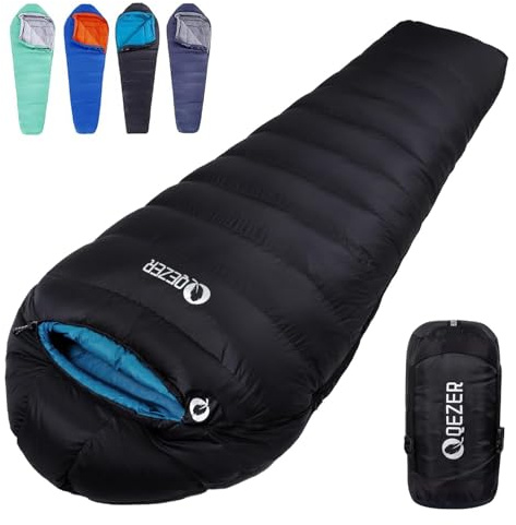 QEZER Down Mummy Sleeping Bag for Adults, 3 Season Lightweight Compact for Camping Backpacking Hiking, 45°F to 18°F Sleeping Bag with 600 Fill Power Down