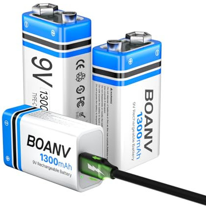 9V Akku Block Wiederaufladbare, 1300mAh 9V Lithium-ionen Batterie, Micro USB Ladegerät mit 2-in-1 Ladekabel für Rauchmelder, Alarme Tastatur Mikrofon (3 Stück)