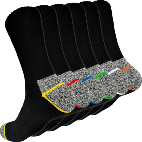 6 PAIRES Chaussette de travail, Chaussettes Hiver homme, Chaussettes Chaudes, Thermiques et Renforcées (FR/ES, Numérique, 40, 46, Taille normale, Taille normale, Noir avec rayures colorées (6 Paires))