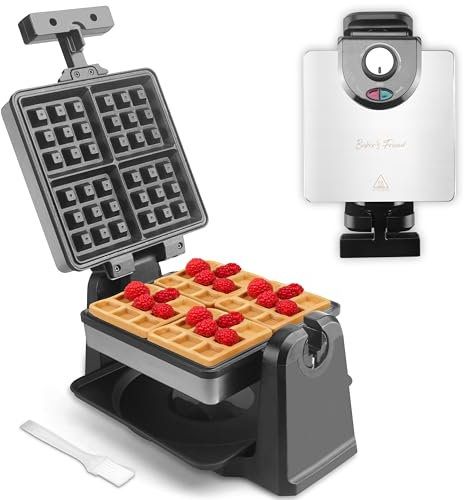Baker's Friend Mini Waffle Maker Flip, Belgian Waffle Maker Thick, Rotating Waffle Maker with Browning Control, Waflera Electrica, Waffle Irons Non Stick Surface, With Recipe & Brush, Stainless Steel