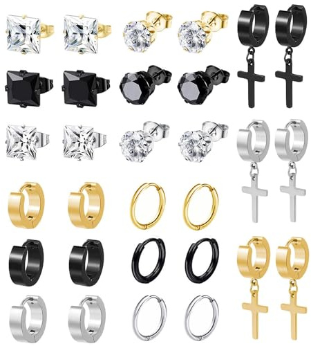 BVLAGIDA 15 Paires Boucle d'Oreille Homme, Boucle d'Oreille Acier Inoxydable, Argent Noir Or Clous d'Oreilles, Boucle d'Oreille Créole, Boucles d'Oreilles Zircon pour Homme Femme