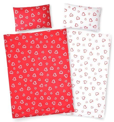 PinkZebra Baby- & Kinderbettwäsche doppelseitig: Decke 100 x 135 cm + Kissen 40 x 60 cm, für Mädchen & Jungs aus 100% Baumwolle, Bettwäsche Öko-Tex Standard 100, Made in EU, Herzchen