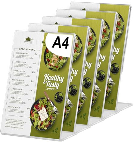 HOSPAOP Aufsteller A4, Acryl Tischaufsteller Schräg L Ständer Prospektständer Transparent DIN A4 Hoch mit Doppelseitigem Klebeband für Poster, Flyer, Speisekarten, Preisschilder, Hochzeiten, 5 Stück