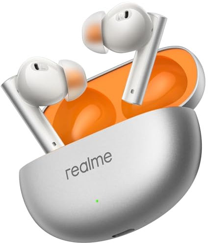 realme Air 6 Auriculares True Wireless, Conductor de Baja Profunda, 12,4 mm, 50 dB Cancelación Activa de Ruido, 40 Horas de reproducción, Resistencia al Agua, 6 ENC Mic para Llamadas, Llama de Plata