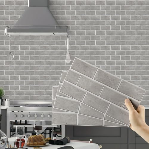 Hode Kitchen Bathroom Tile Stickers Stick on Tiles, Peel and Stick Self Adhesive Wall Tiles, Waterproof 12pcs Grey 15x30cm