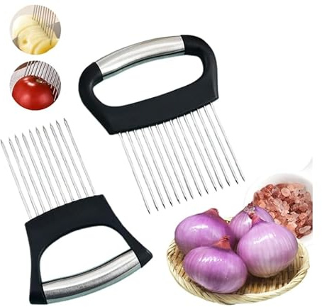 2 Pcs Onion Holder Slicer, Meat Tenderizer Needle,Stainless Steel Onion Holder Assistant Kitchen Gadget for Meat Potato Carrot Onions Tomatoes Vegetable