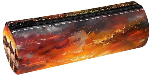 VAPOKF Trousse à crayons en cuir synthétique avec imprimé chevaux au lever du soleil sur la mer, trousse de maquillage pour femmes, filles, garçons, enfants, fournitures scolaires et de bureau
