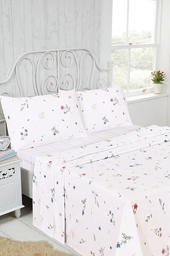 Rapport Home Flannelette Double Sheet Set - Meadow Floral Brushed Cotton 4 Piece Bed Sheet Set, White