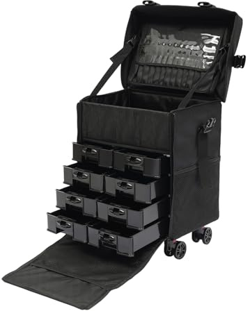 Maletín de maquillaje profesional con ruedas, con ruedas, para esteticistas, peluqueros, color negro