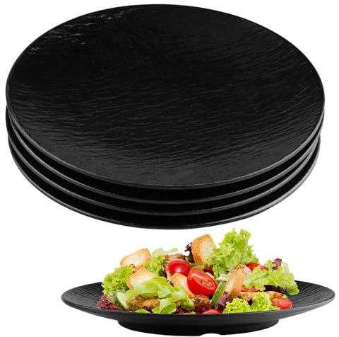 suaywo Set di 4 piatti piani di colore nero, riutilizzabili, piatti da insalata, diametro 20,2 cm, set di piatti in melamina nera, ideali per barbecue, colazione, pranzo e cena