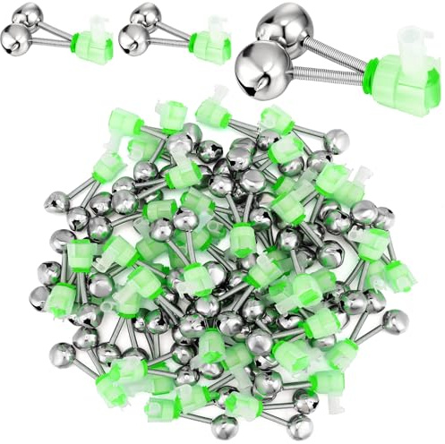 Soulchen 50 Pcs Fishing Rod Bells 2 Inch Green Double Bell Bite Alarms with Spiral Clip Portable Reusable Bite Indicator for Night Fishing