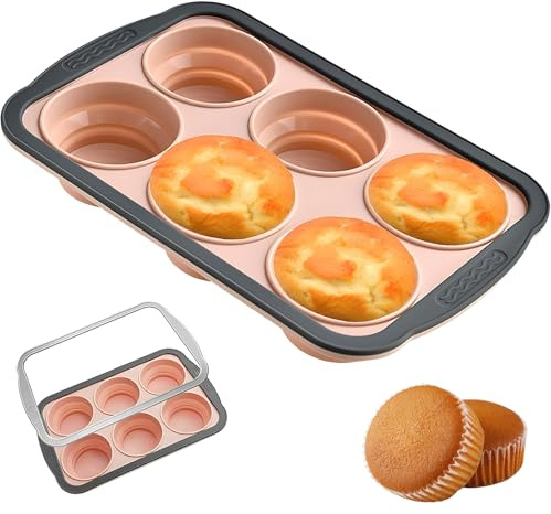 FrostyFlair Stampo per Muffin in Silicone con Telaio Rinforzato in Metallo, 6 Tazze Dimensione Normale Stampo Muffin, Pieghevole e Facile da Rimuovere Perfetto per Forni Lavabile in Lavastoviglie