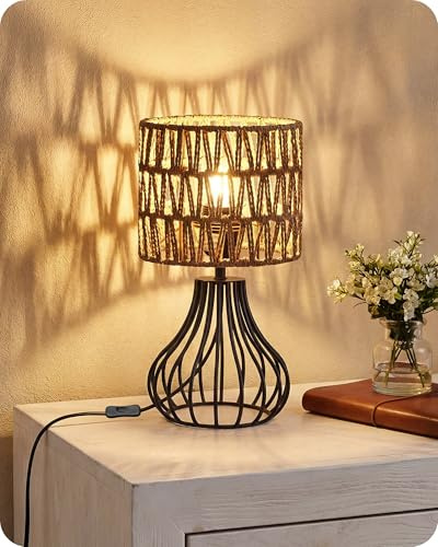 GOEBELSON Bedside Table Lamp, Black Metal Table Lamp with Rattan Paper Lampshade, Modern Bedside Lamps for Bedroom, Industrial Cute Desk Lamp, 4W 2700K LED Bulb Included ZHW10TLK05