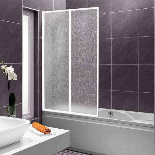 Vkechh Mampara de ducha para bañera de 100 x 140 cm, 2 piezas, plegable de plástico PS irrompible, mampara de ducha con marco de aluminio blanco, accesorio para bañera con estructura de gotas como