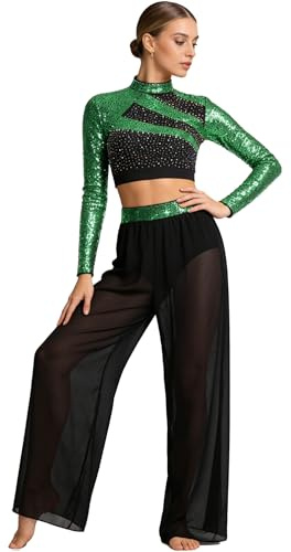 inhzoy Vestito da Ballo Lirico Contemporaneo Donna Completo da Ginnastica Ritmica con Strass Paillettes Crop Top Danza Classica Moderna + Pantaloni Lunghi Dancewear Verde Chiaro M