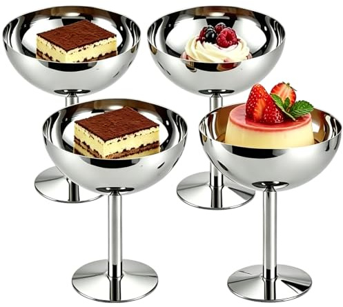 4 x glassglas i rostfritt stål, 200 ml, dessertskålar med bas | Glassglas i rostfritt stål, 200 ml med elegant bas, diskmaskinssäker, stapelbar, för glass, yoghurt