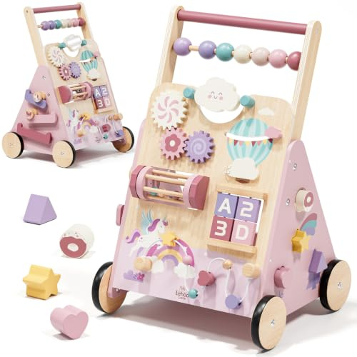 Lehoo Castle Enhörning Lära-gå-vagn i Trä för Bebisar med Broms & Aktivitetsbräda, Baby Walker, Pedagogisk Leksak från 1 År
