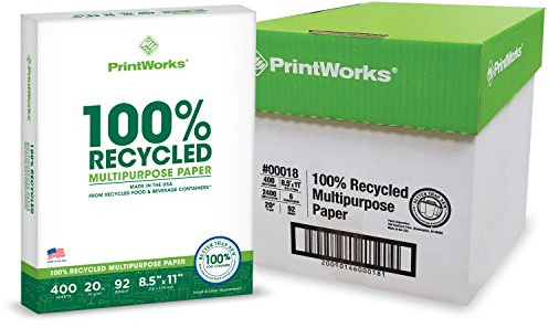 PrintWorks 100% Recycled Printer Paper 8.5 x 11 White - 20 lb Copy & Multipurpose Computer Paper - 6 Packs, 2400 Sheets - Made in the USA - 92 Bright - Printer & Copier Compatible (00018C)
