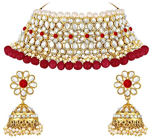 Aheli Elegant Indian Traditional Wedding Kundan Pearl Choker Bharatanatyam jewellery set with Jhumki Earrings Ethnic Bollywood Party Gift for Women