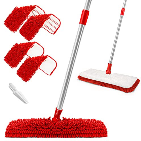 MASTERTOP Mocio in microfibra per la pulizia dei pavimenti, mocio per polvere di legno duro, pulizia a umido con 4 panni di ricambio lavabili, mocio per pavimenti per la pulizia con 1 raschietto,