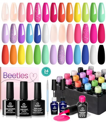 Beetles 20 Christmas Colours Gel Nail Kit with 3Pcs Base and Glossy Matte Top Coat Nude Pink Blue Yellow Manicure Art Polish & 2Pcs White Black Liner Gel for Swirl Comic Book Pop Gift for Girls