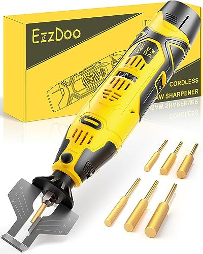 EzzDoo Electric Cordless Chainsaw Sharpener Kit - Portable 12V Chain Saw Sharpener Tool with 6 Titanium-Coated Diamond Bits(Wheels) & Angle Guide - Easy to Use for All Chainsaw Chains.