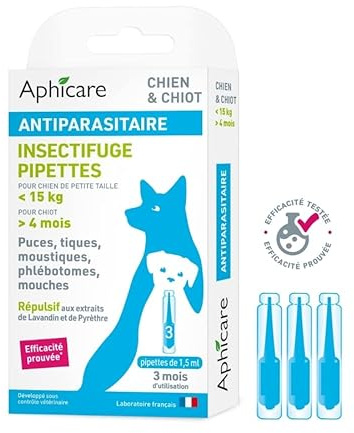 APHICARE - Pipette Antiparasitaire Petit Chien et Chiot (<15 kg, >4 Mois) - Antipuces et Anti-Tiques - 3x1,5 ML - Fabriqué en France