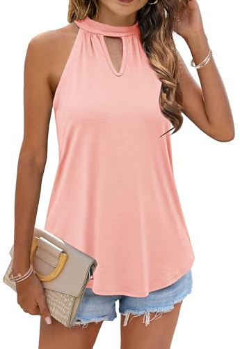 WNEEDU Camiseta Sin Mangas Mujer Verano Cuello Halter Top Suelto Elegante 2024 Rosa Oscuro M