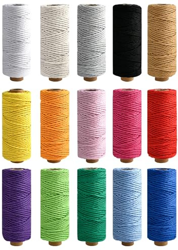 Akamino 15 Rolls Colored Macrame Rope,4 Strand Twiste Soft Cotton Cord,3mm x 480 Yards Natural Cotton Craft Macrame Cord for Handmade Crafts, Wall Hanging, Home Decorations,Gift Wrapping
