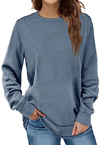 XUEJIANN Hemdräkt dam Nicki utan damtröja Soild Large för dam rund hals långärmad mode skjortor toppar pullover V-ringad dam (blå-a, L), Blå-a, L