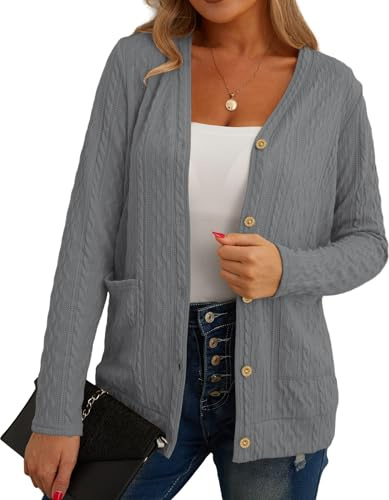 GRECERELLE Women's V Neck Button Knit Cardigan with Pockets, Gray, S