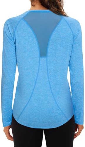 Wayleb Maglietta Sportiva Donna Scollo a V Fitness Sport Maglietta Traspirante Manica Lunghe Camicie Yoga Magliette Longsleeve T Shirts per Corsa Allenamento Tennis Zumba, Azzurro Cielo XXL